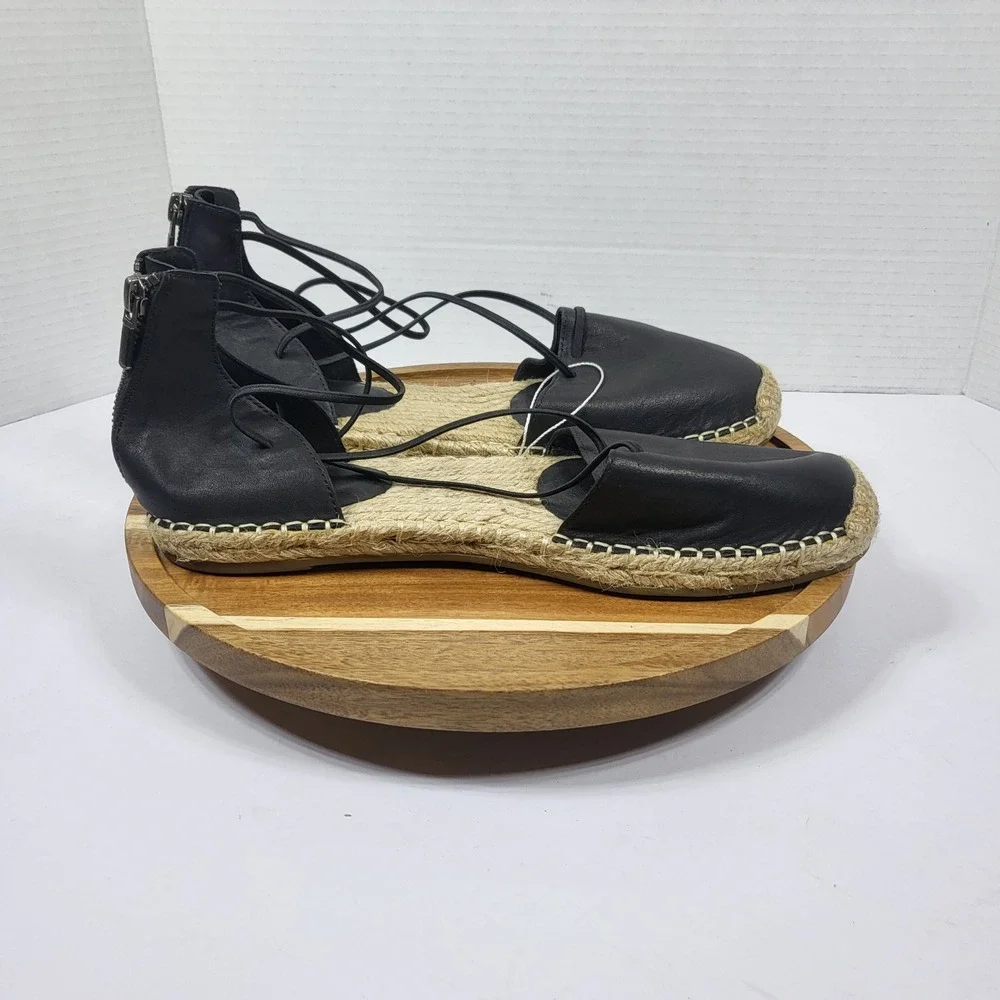 Eileen Fisher Black Leather Lace Up Zip Espadrille Sandals Womens 9 Flat Black
